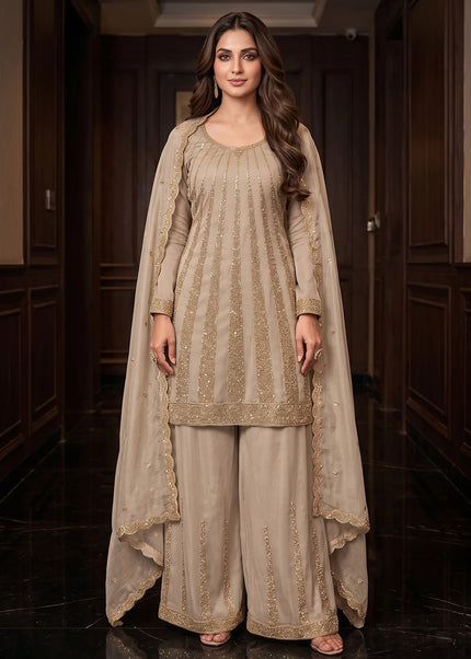 Beige Embroidered Palazzo Suit