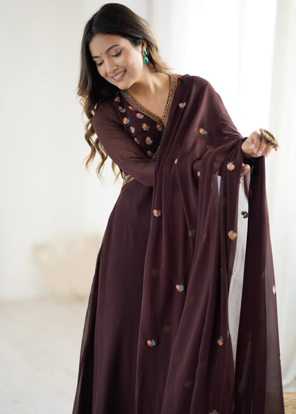 Brown Embroidered Anarkali Gown