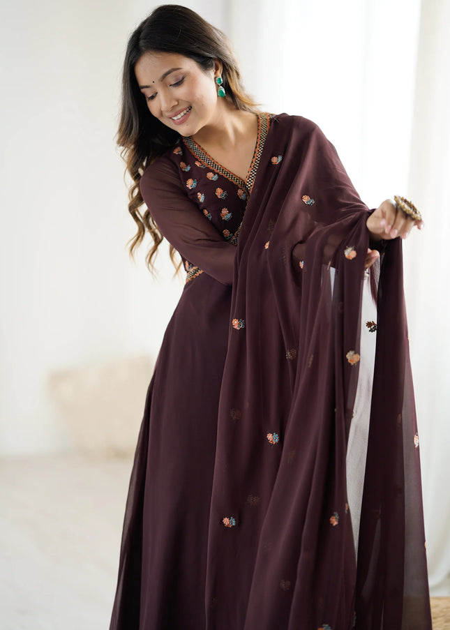 Brown Embroidered Anarkali Gown