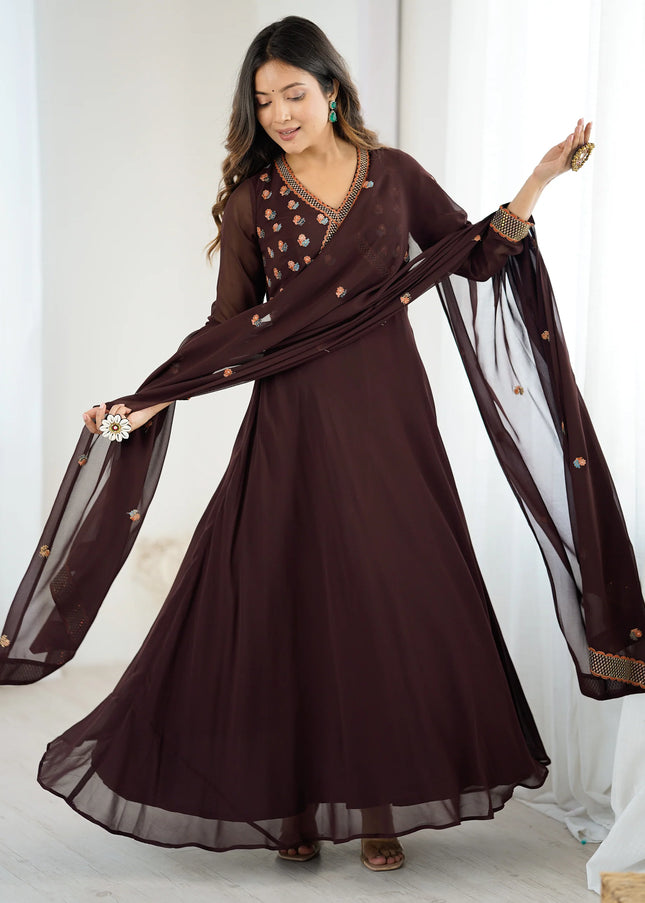 Brown Embroidered Anarkali Gown