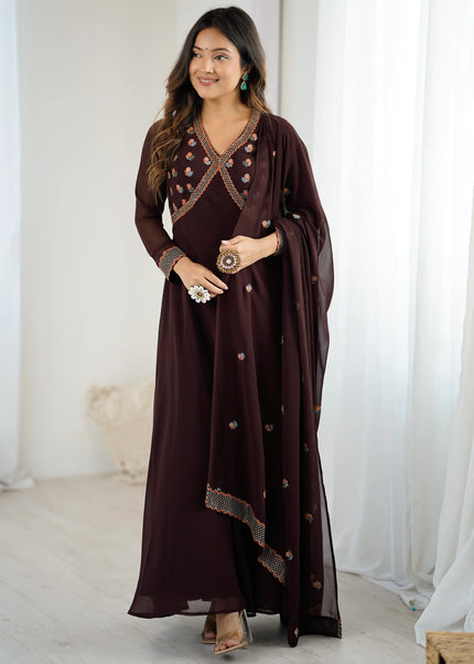 Brown Embroidered Anarkali Gown