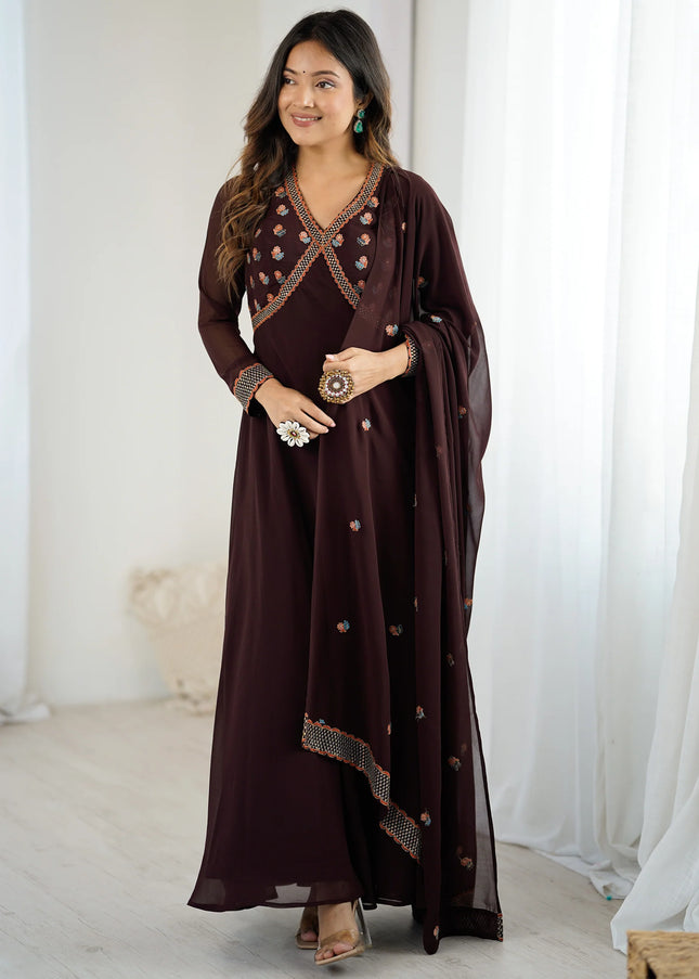 Brown Embroidered Anarkali Gown