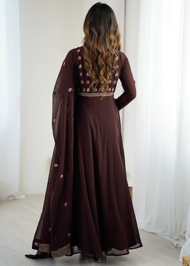 Brown Embroidered Anarkali Gown