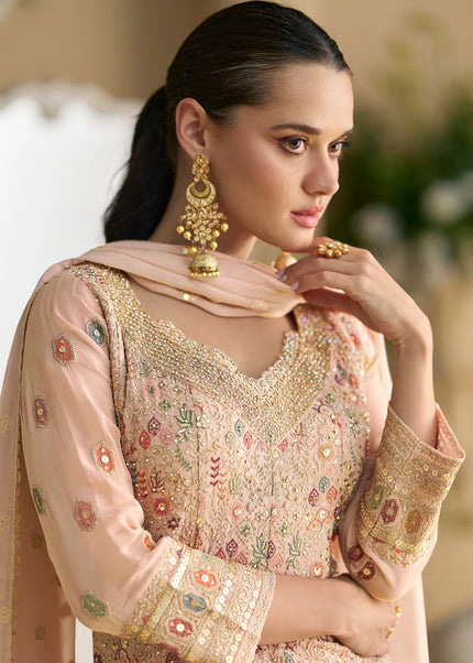 Peach Embroidered Palazzo Suit