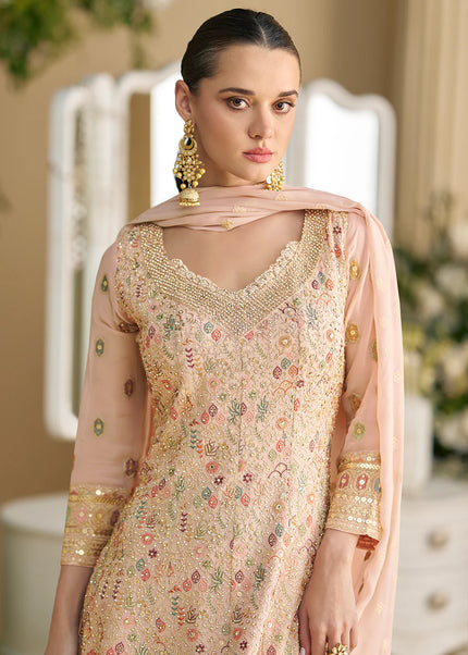 Peach Embroidered Palazzo Suit