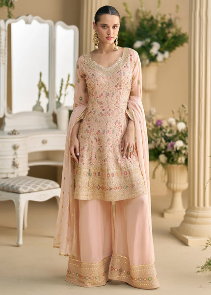 Peach Embroidered Palazzo Suit