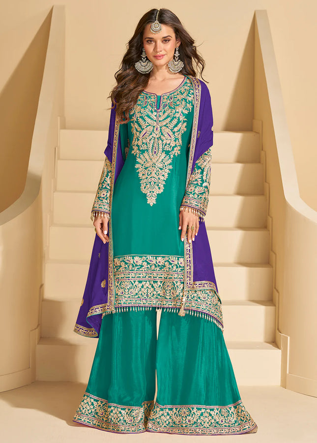 Teal Embroidered Sharara Suit