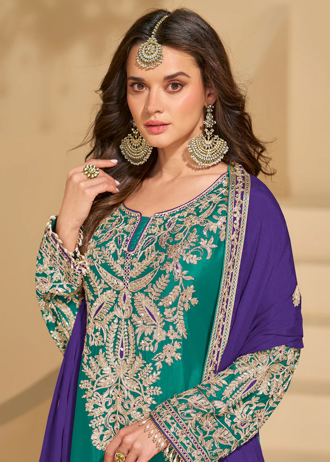Teal Embroidered Sharara Suit