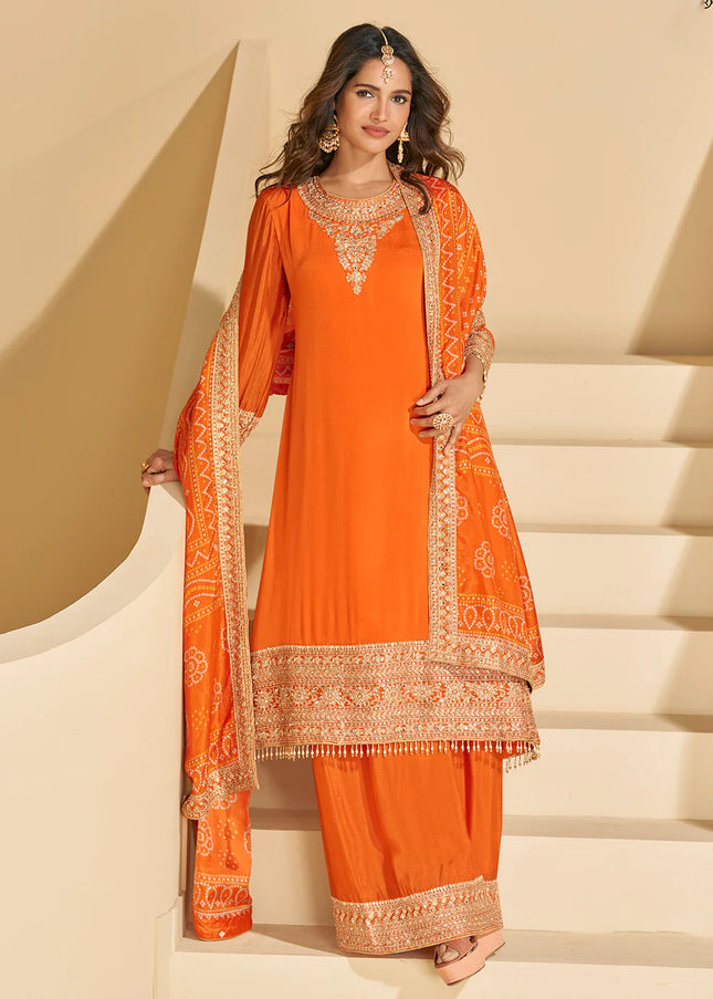 Orange Embroidered Sharara Suit