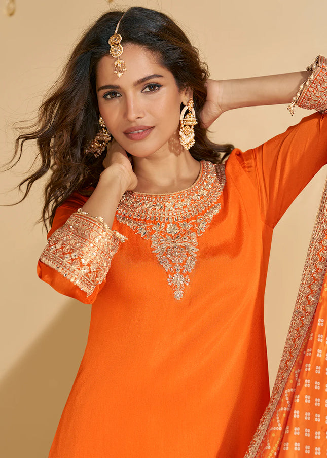 Orange Embroidered Sharara Suit