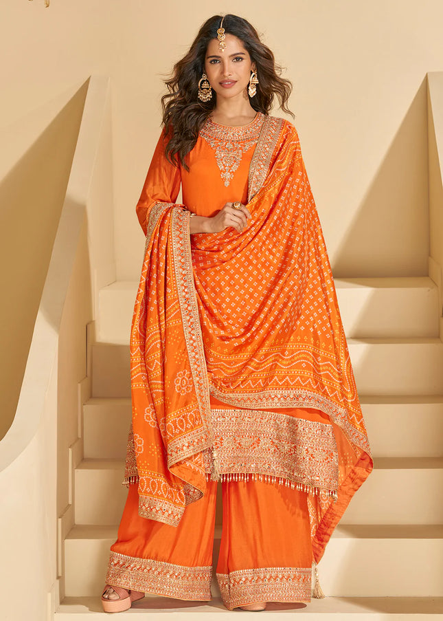 Orange Embroidered Sharara Suit