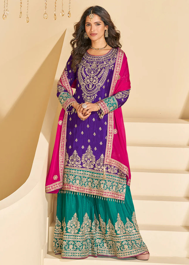Purple and Teal Embroidered Sharara Suit