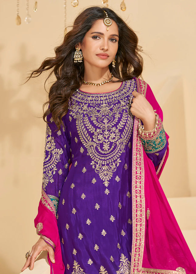 Purple and Teal Embroidered Sharara Suit