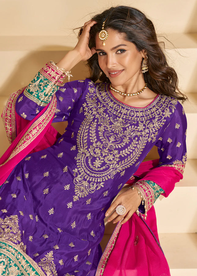 Purple and Teal Embroidered Sharara Suit