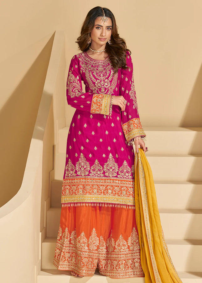 Pink and Orange Embroidered Sharara Suit