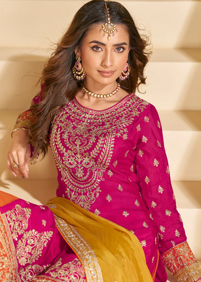 Pink and Orange Embroidered Sharara Suit