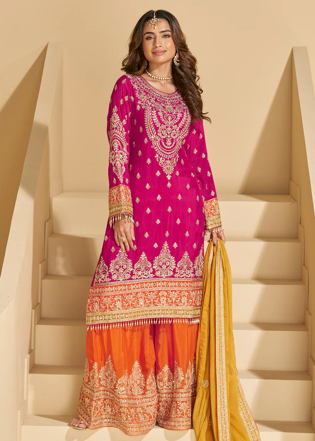 Pink and Orange Embroidered Sharara Suit
