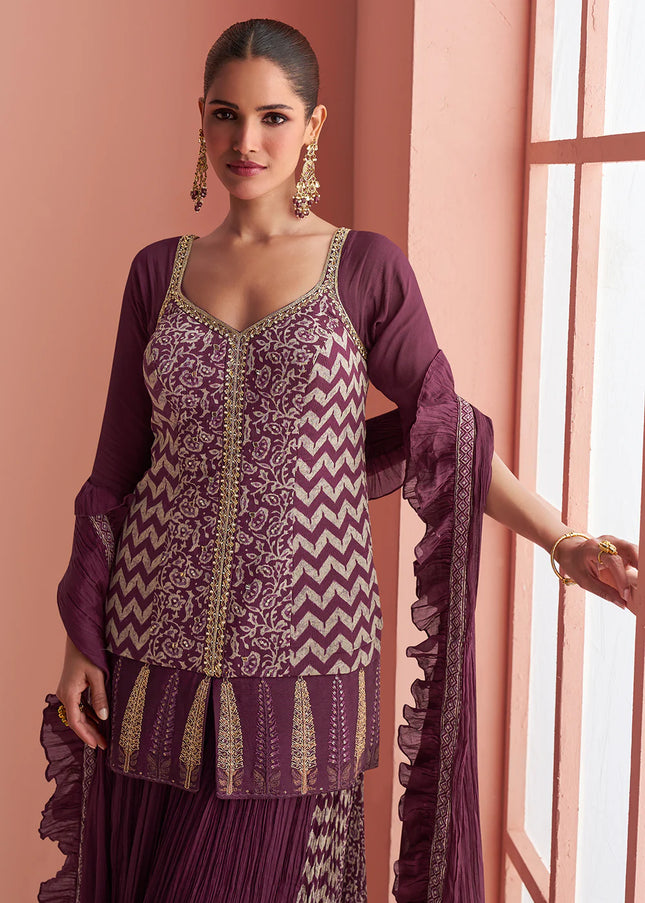 Purple Embroidered Sharara Suit