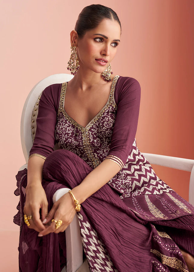 Purple Embroidered Sharara Suit