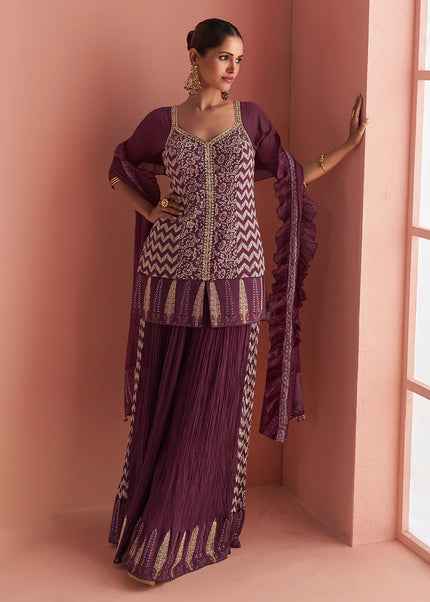 Purple Embroidered Sharara Suit