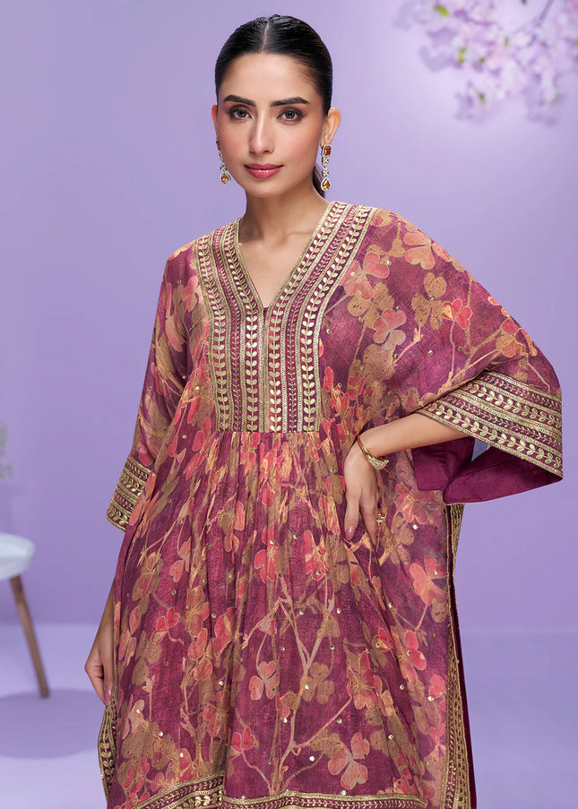 Purple Embroidered Gharara Suit