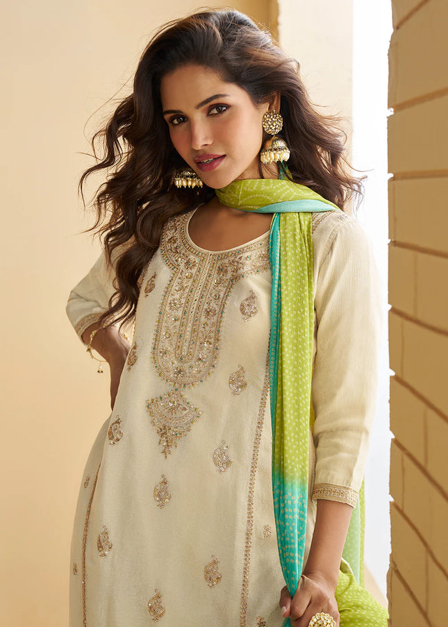 Offwhite and Green Embroidered Gharara Suit
