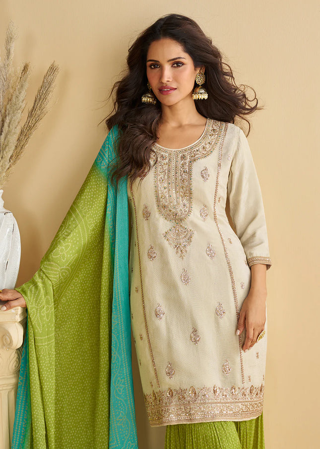 Offwhite and Green Embroidered Gharara Suit