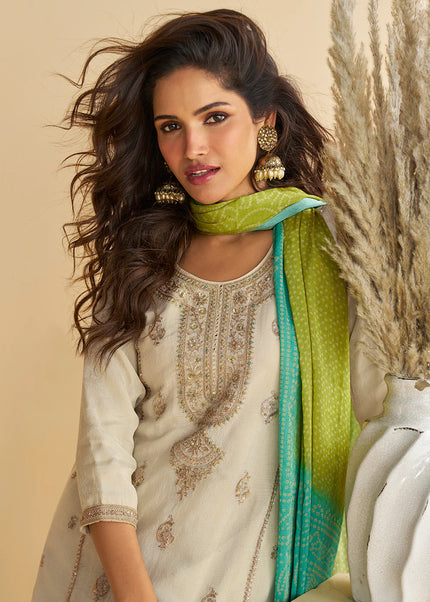 Offwhite and Green Embroidered Gharara Suit
