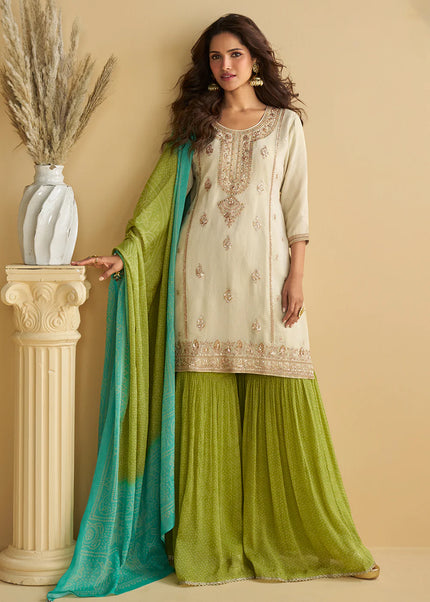 Offwhite and Green Embroidered Gharara Suit