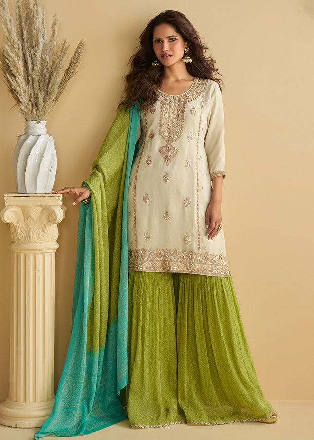 Offwhite and Green Embroidered Gharara Suit