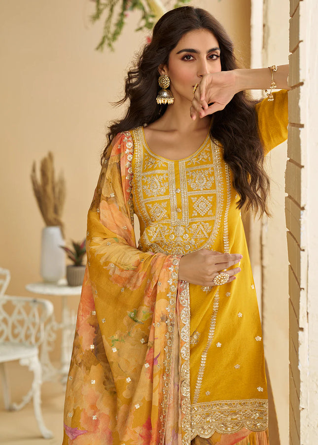 Mustard Yellow Embroidered Gharara Suit
