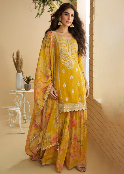Mustard Yellow Embroidered Gharara Suit