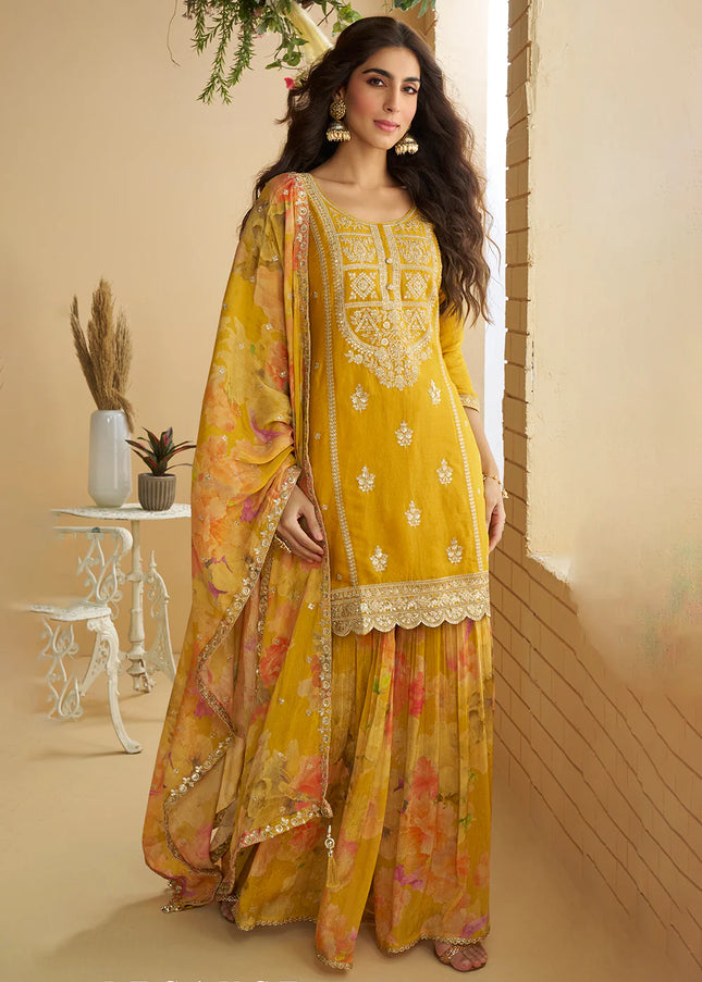 Mustard Yellow Embroidered Gharara Suit