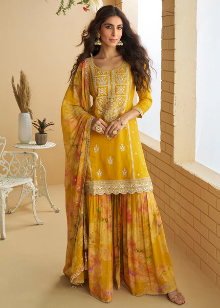 Mustard Yellow Embroidered Gharara Suit