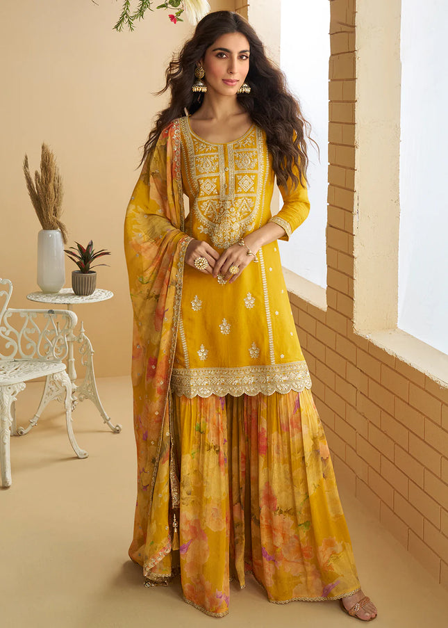 Mustard Yellow Embroidered Gharara Suit