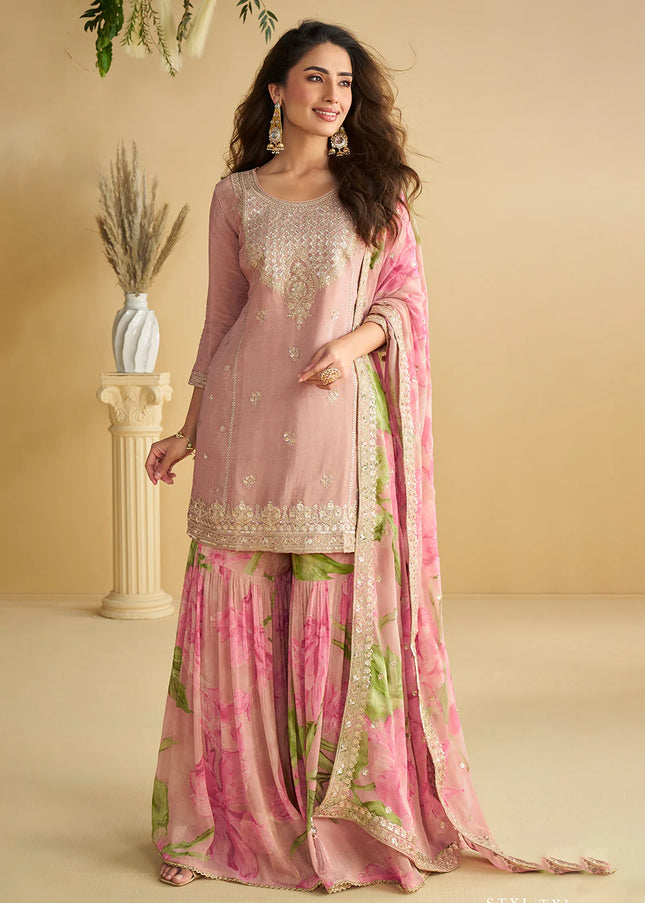 Pink Embroidered Gharara Suit