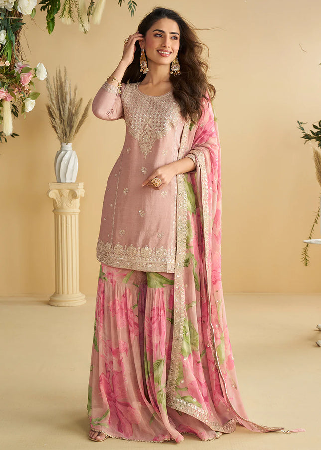 Pink Embroidered Gharara Suit