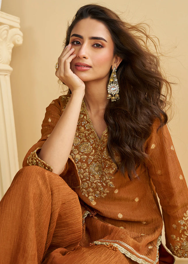 Rust Embroidered Sharara Suit