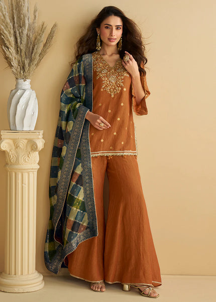 Rust Embroidered Sharara Suit