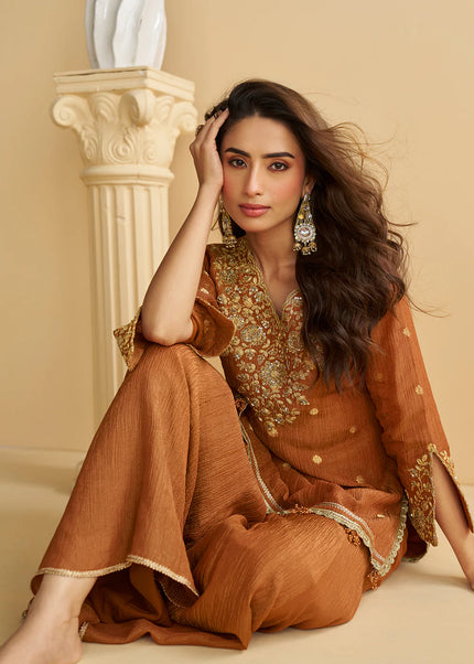 Rust Embroidered Sharara Suit
