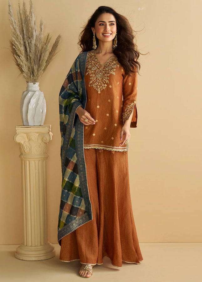 Rust Embroidered Sharara Suit