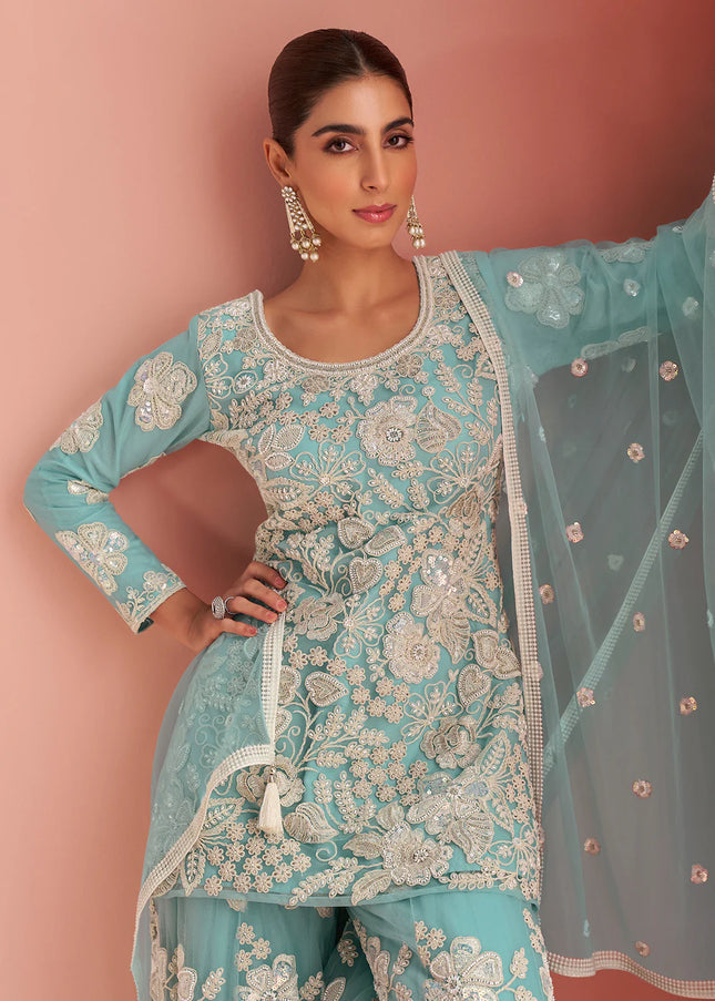 Sky Blue Embroidered Sharara Suit