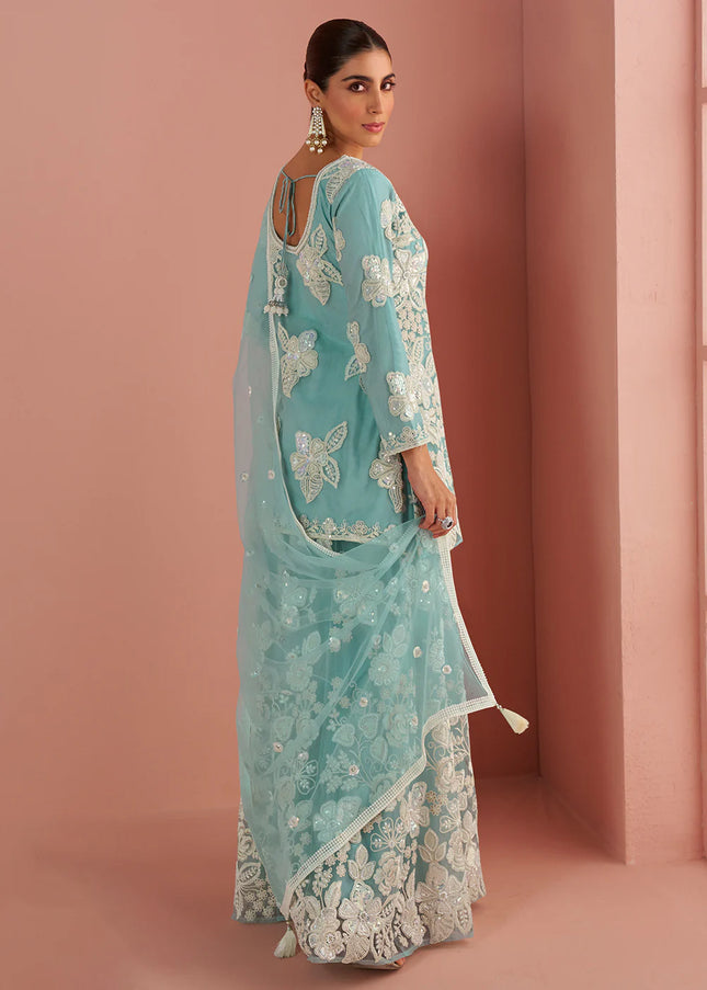 Sky Blue Embroidered Sharara Suit