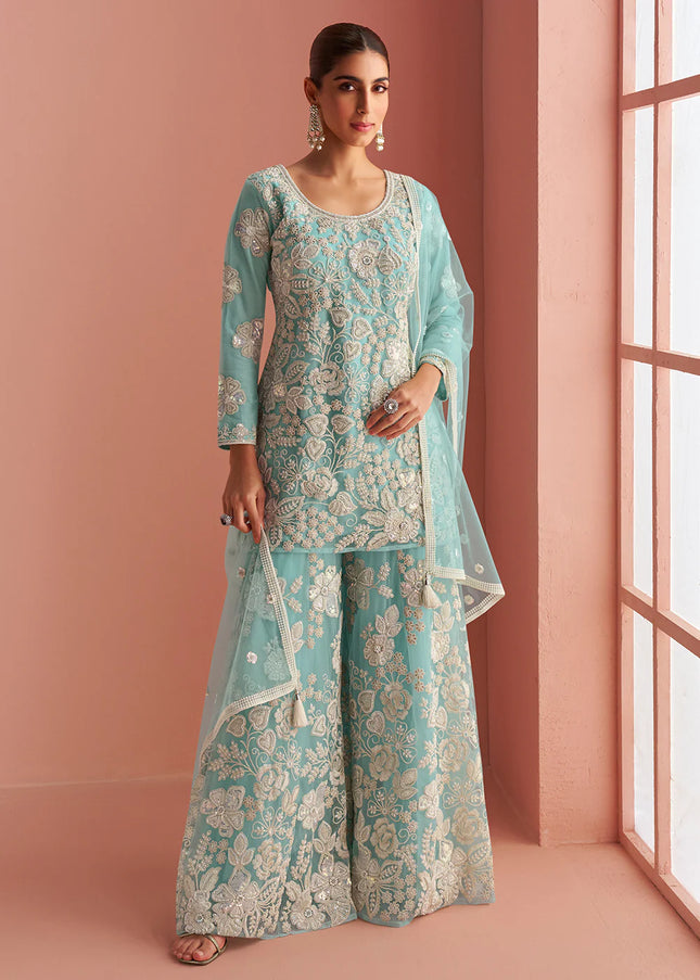 Sky Blue Embroidered Sharara Suit