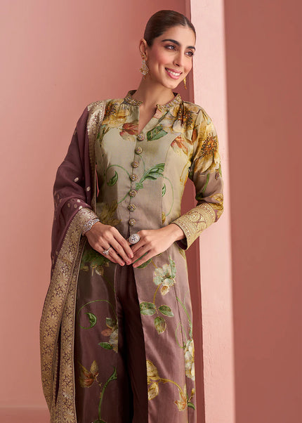 Peach and Green Embroidered Pant Style Suit