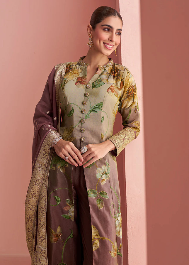 Peach and Green Embroidered Pant Style Suit