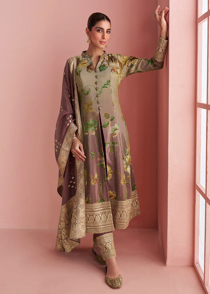 Peach and Green Embroidered Pant Style Suit