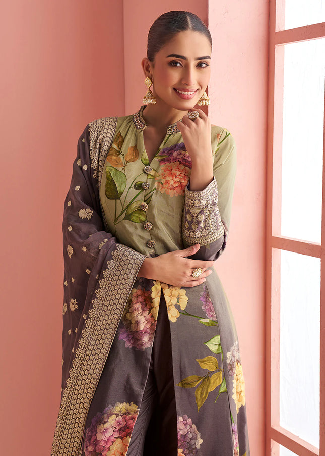 Purple and Green Embroidered Pant Style Suit