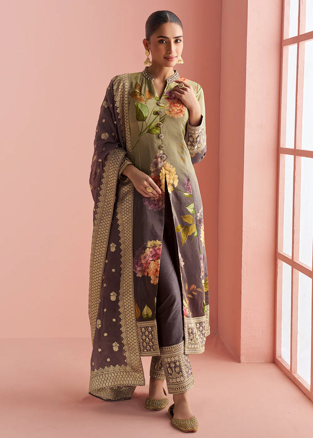 Purple and Green Embroidered Pant Style Suit