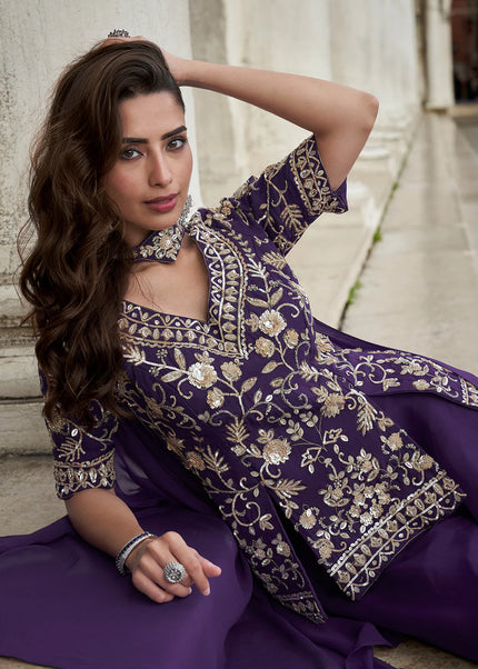 Purple Embroidered Sharara Suit